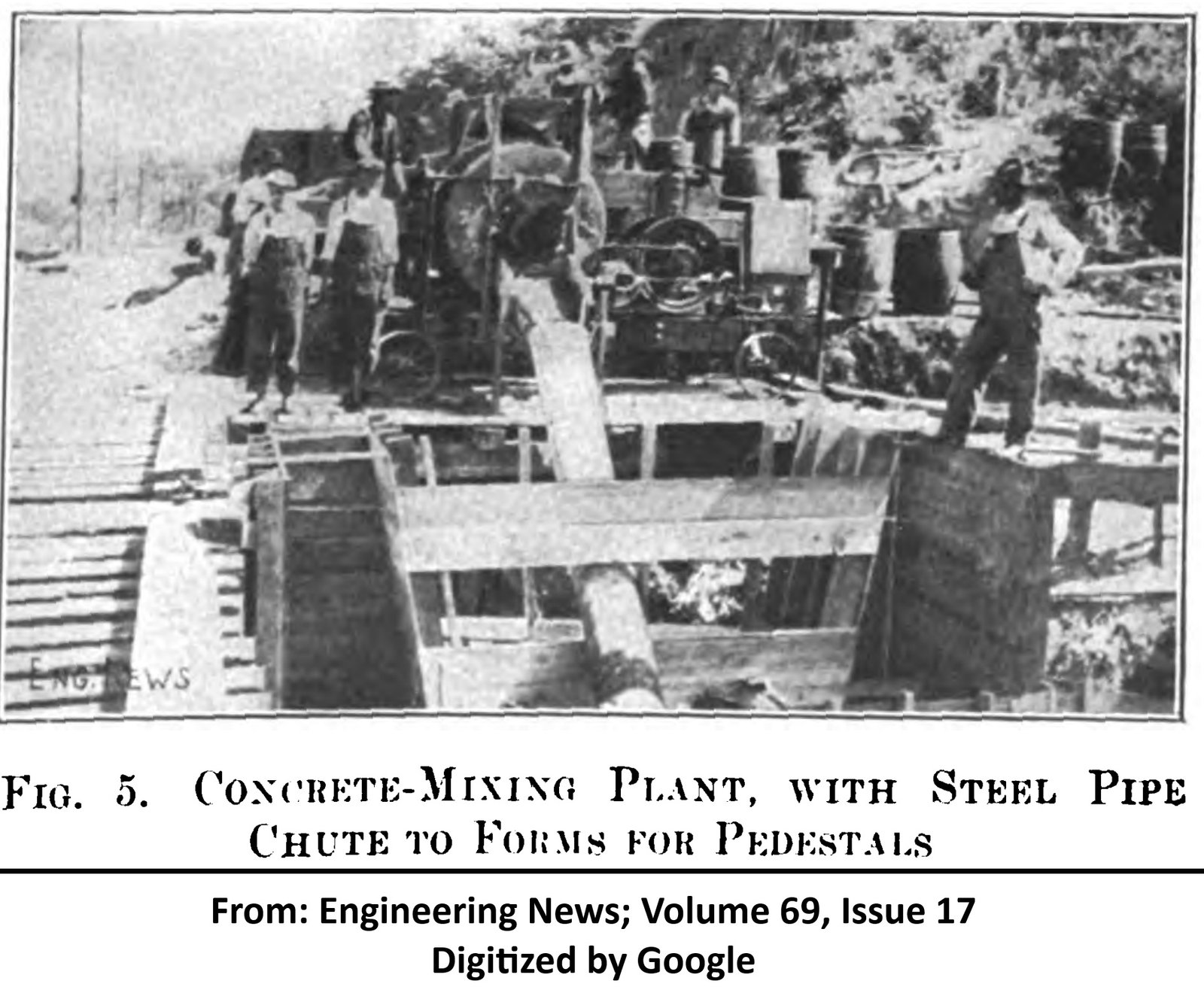 Concrete mixer and chutes during construction